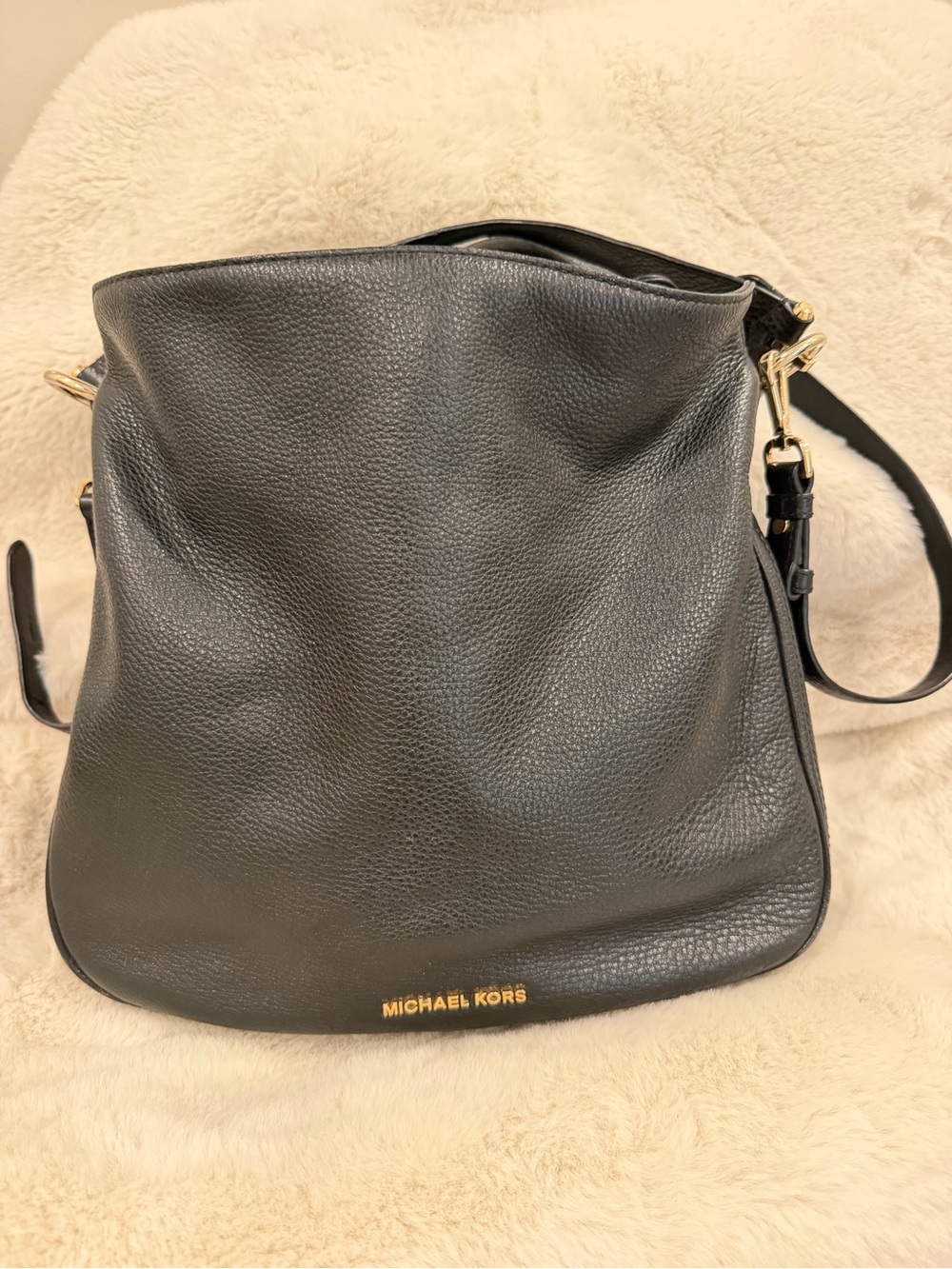 Michael Kors Black Pebbled Leather Hobo Shoulder Bag with Gold Hardware